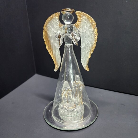 Vintage Glass Clear Angel Covering Manger Scene Figurine w/ Gold Accent - Picture 1 of 8
